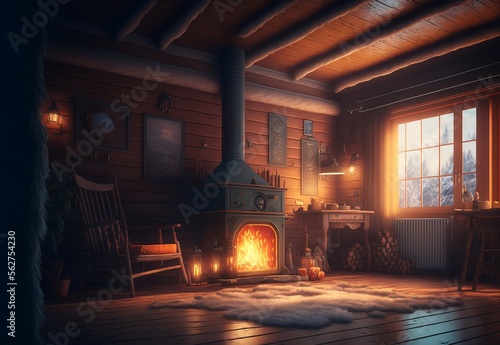 Interior of a cozy fantasy winter cabin, complete with a crackling fireplace, warm and inviting furnishings, and a comfortable atmosphere, Generative AI
