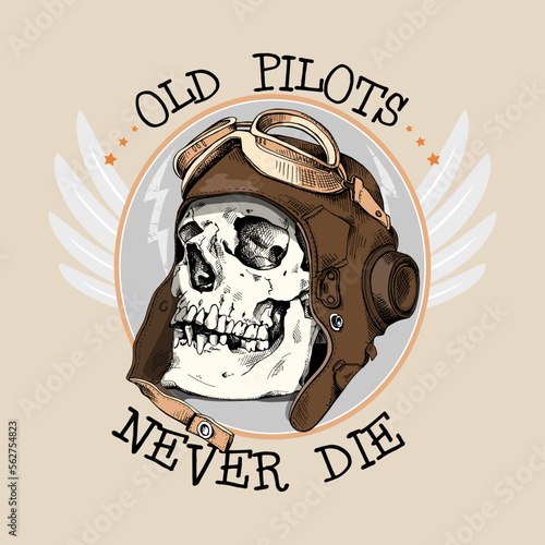 Skull in the retro leather aviator helmet and in the glasses. Creative poster, t-shirt composition, hand drawn style print. Vector illustration.