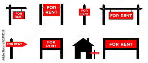 Real estate rent sign. Vector red sign for rent. Set of flat icons photo