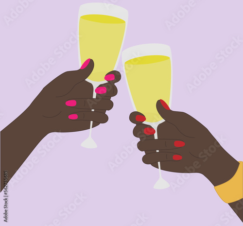 Vector illustration with two black woman hands holding champagne glasses in cartoon style