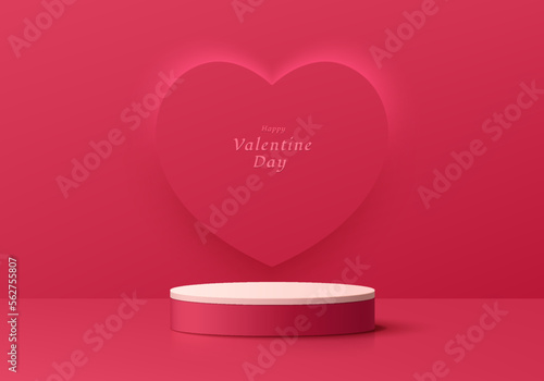 Realistic white, pink cylinder pedestal podium valentine 3D background with heart scene on wall. Minimal wall scene mockup product stage showcase, Promotion display. Abstract vector geometric forms.