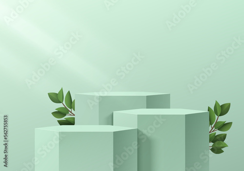 Green hexagon stand or steps product podium set 3D background with green leaf decorate. Minimal wall scene mockup cosmetic product stage showcase, Promotion display. Abstract vector geometric forms.