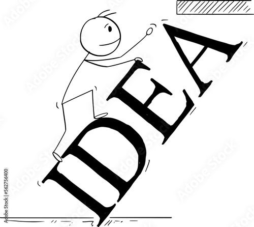 Person or Businessman Climbing on Idea World, Vector Cartoon Stick Figure Illustration