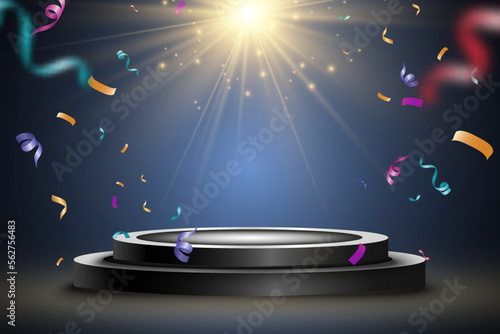 Podium, pedestal or platform, illuminated by spotlights in the background. Vector illustration. Bright light. Light from above. Advertising place	
