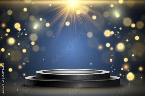 Podium, pedestal or platform, illuminated by spotlights in the background. Vector illustration. Bright light. Light from above. Advertising place	
