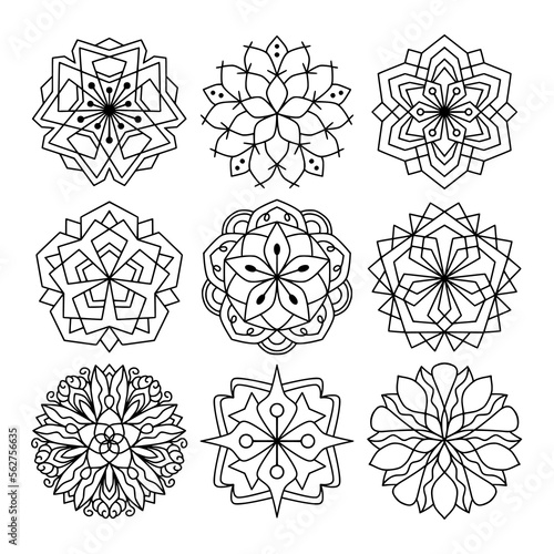 Simple Mandala Set for Coloring Book. For Beginner, seniors and children. Hand Draw. Vector Mandala. Floral. Flower. Oriental. Book Page. Decoration in ethnic oriental. Outline.