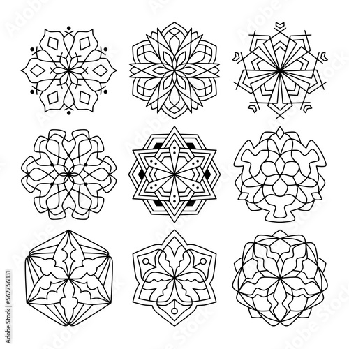 Simple Mandala Set for Coloring Book. For Beginner, seniors and children. Hand Draw. Vector Mandala. Floral. Flower. Oriental. Book Page. Decoration in ethnic oriental. Outline.