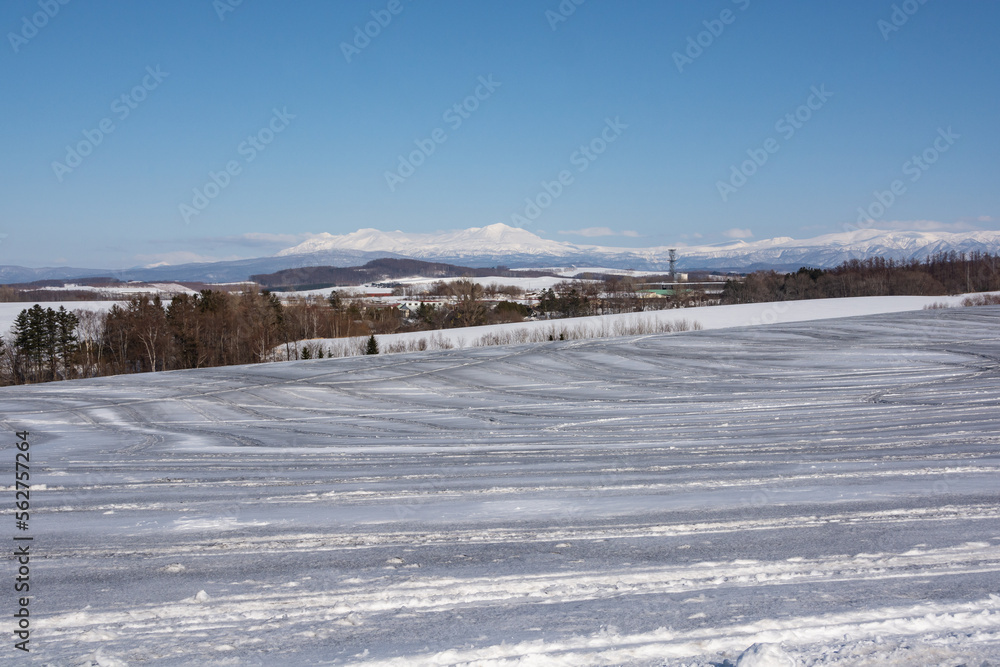 冬の晴れた日の融雪剤がまかれた畑と雪山　大雪山
