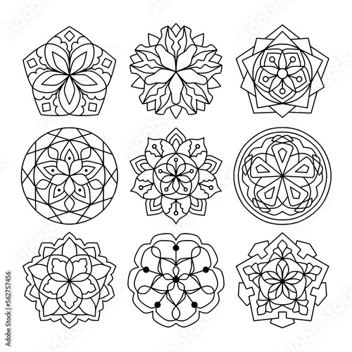 Simple Mandala Set for Coloring Book. For Beginner, seniors and children. Hand Draw. Vector Mandala. Floral. Flower. Oriental. Book Page. Decoration in ethnic oriental. Outline.