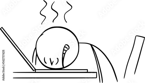 Exhausted Person Working on Computer, Vector Cartoon Stick Figure Illustration