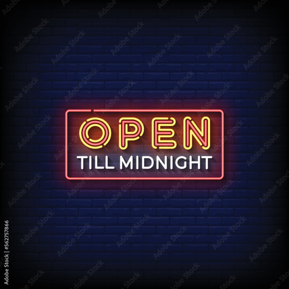 Obraz premium neon sign open till midnight with brick wall background vector illustration
