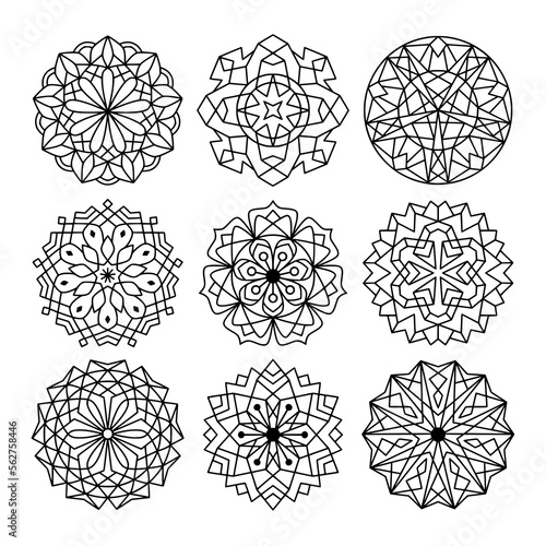 Simple Mandala Set for Coloring Book. For Beginner, seniors and children. Hand Draw. Vector Mandala. Floral. Flower. Oriental. Book Page. Decoration in ethnic oriental. Outline.