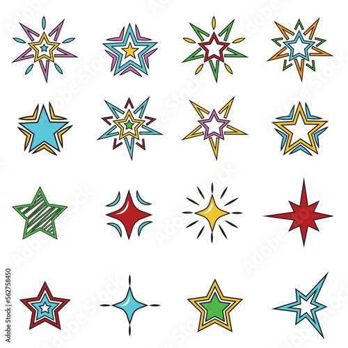 A set of cartoon colorful vector illustrations of stars isolated on a white background.