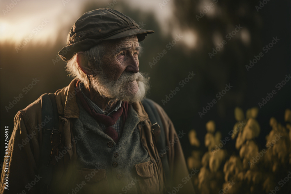 Fototapeta premium Old farmer man in the field. Ultra realistic cinematic lighting. Reflective. generative AI