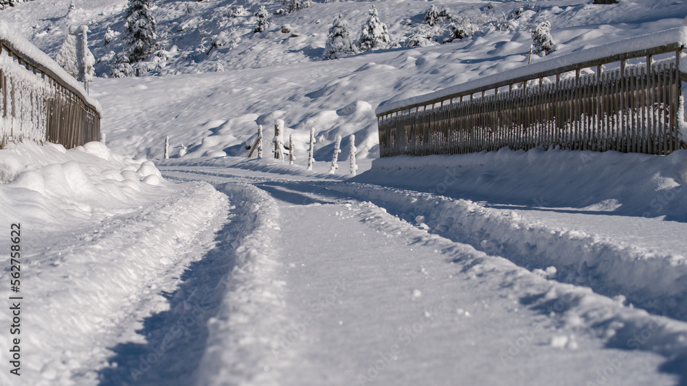 Obraz premium a car track in the fresh snow on a mountain road with a wood bridge at a sunny winter day