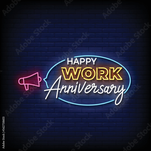 neon sign happy work anniversary with brick wall background vector illustration