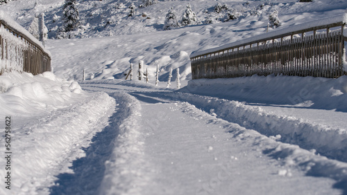a car track in the fresh snow on a mountain road with a wood bridge at a sunny winter day © Chamois huntress