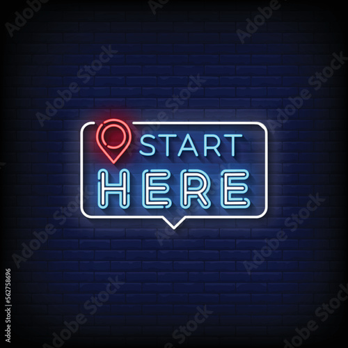 neon sign start here with brick wall background vector illustration