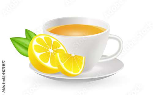 3d realistic green tea in white cup. Vector illustration. Realistic lemon fruit. Design for cafeteria, posters, banners, postcards. Template ceramic clean white mug with lemon tea. Breakfast drink.
