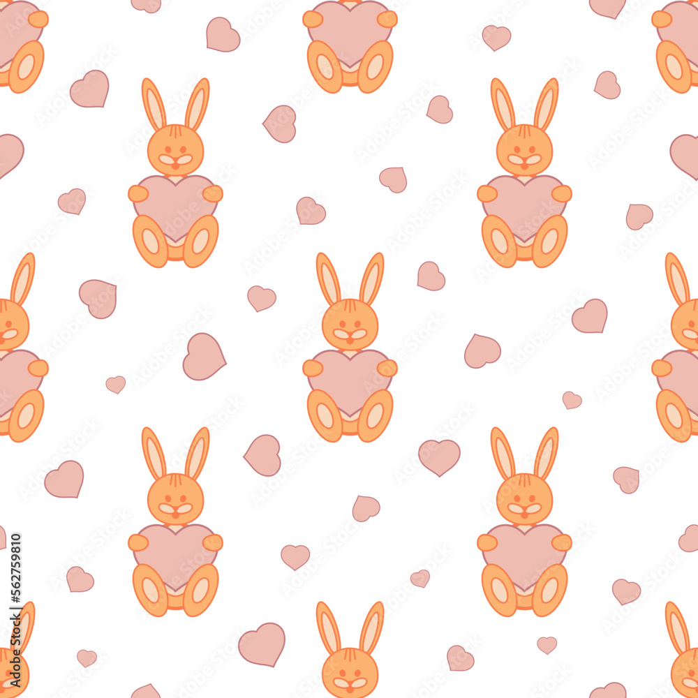 Obraz premium Vector seamless pattern. A romantic hare with a heart in his hands