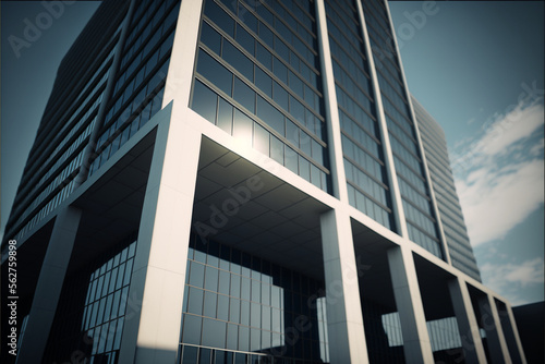 Low angle shot of the modern architecture of an ultra realistic corporate building. Generative AI