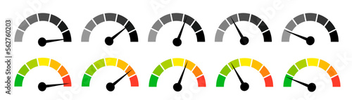 Speedometer gauge meter icons. Vector scale, level of performance. Speed indicator .Infographic of risk, gauge, score progress.