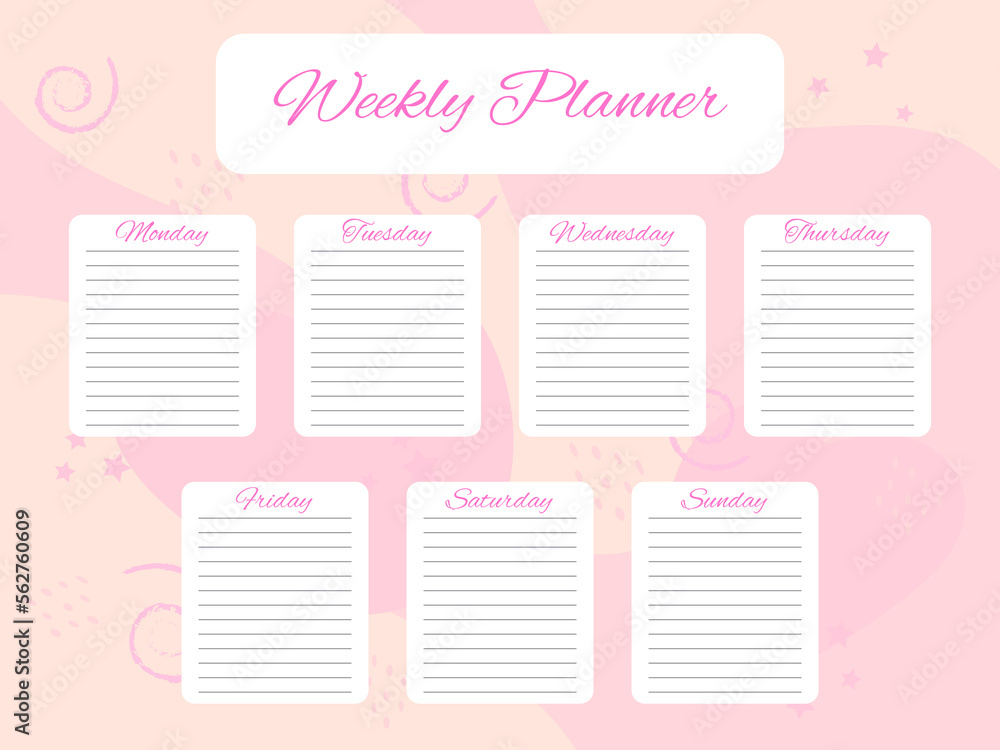 Weekly planner doodle elements on pink background. Schedule design template. To do list for every day of the week. Self organization. Vector illustration