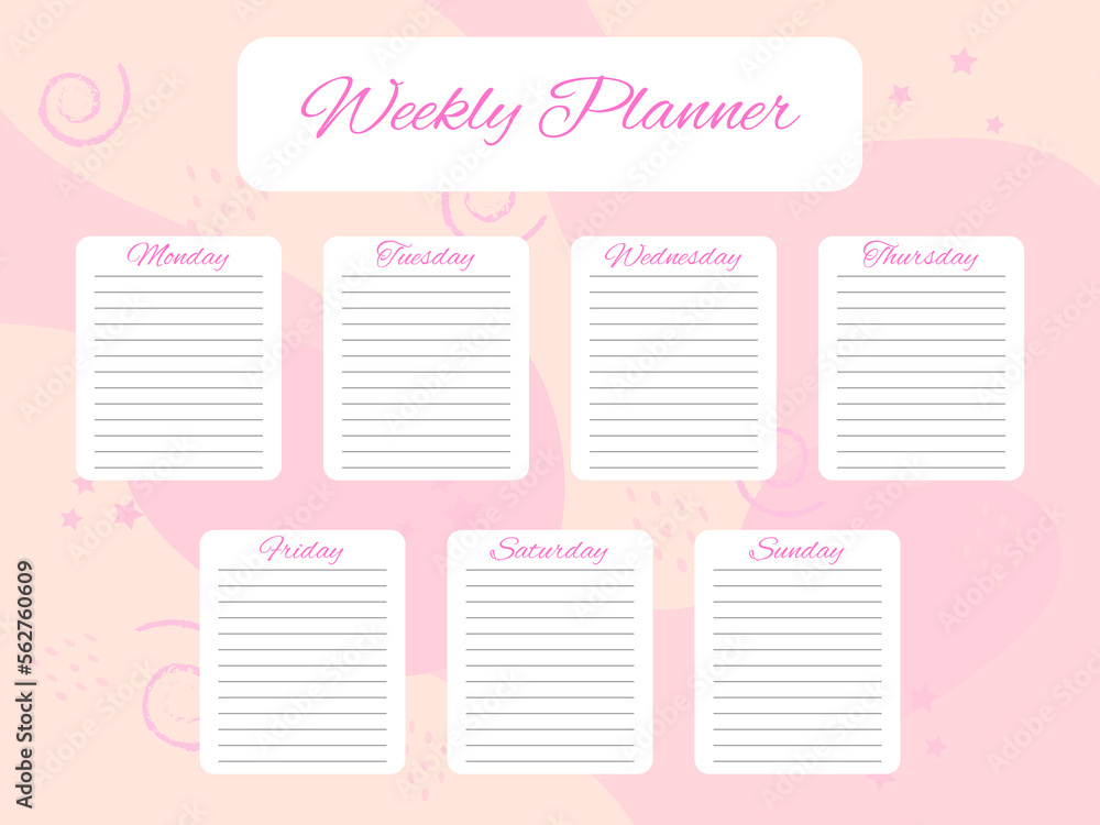 Weekly planner doodle elements on pink background. Schedule design template. To do list for every day of the week. Self organization. Vector illustration Weekly planner doodle elements on pink background. Schedule design template. To do list for every day of the week. Self organization. Vector illustration
