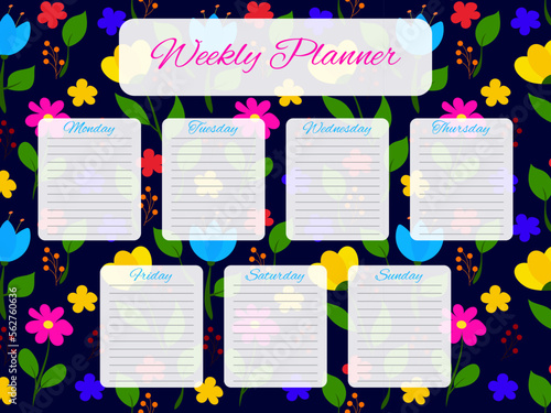 Weekly planner with floral pattern. Schedule design template. To do list for every day of the week. Self organization. Vector illustration