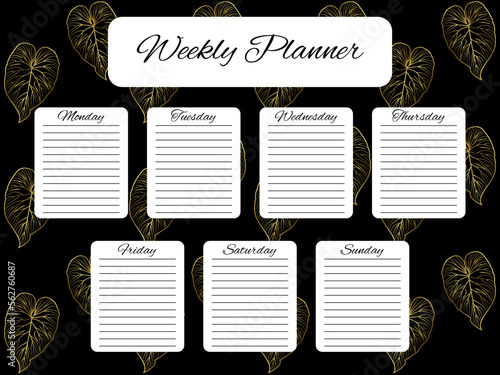 Weekly planner with gold leaf elements on black background. Schedule design template. To do list for every day of the week. Self organization. Vector illustration