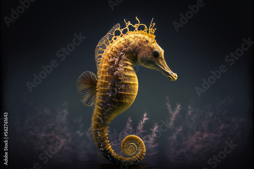 a yellow seahorse isolated in the dark water. Generative AI © jr-art