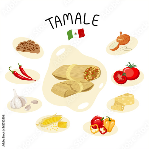 Vector illustration of tamale mexican cuisine dish with ingredients.