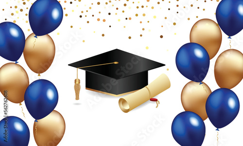 Congratulations graduation. Class of 2023. Graduation cap and confetti and balloons. Congratulatory banner in blue. Academy of Education School of Learning