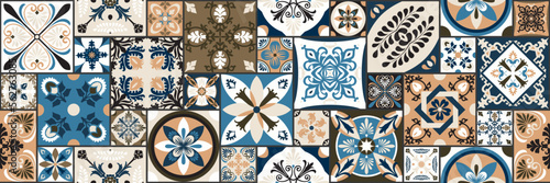 Talavera pattern. Indian patchwork. Azulejos portugal. Turkish ornament. Moroccan tile mosaic. Ceramic tableware, folk print. Spanish pottery. Ethnic background. Mediterranean seamless wallpaper.