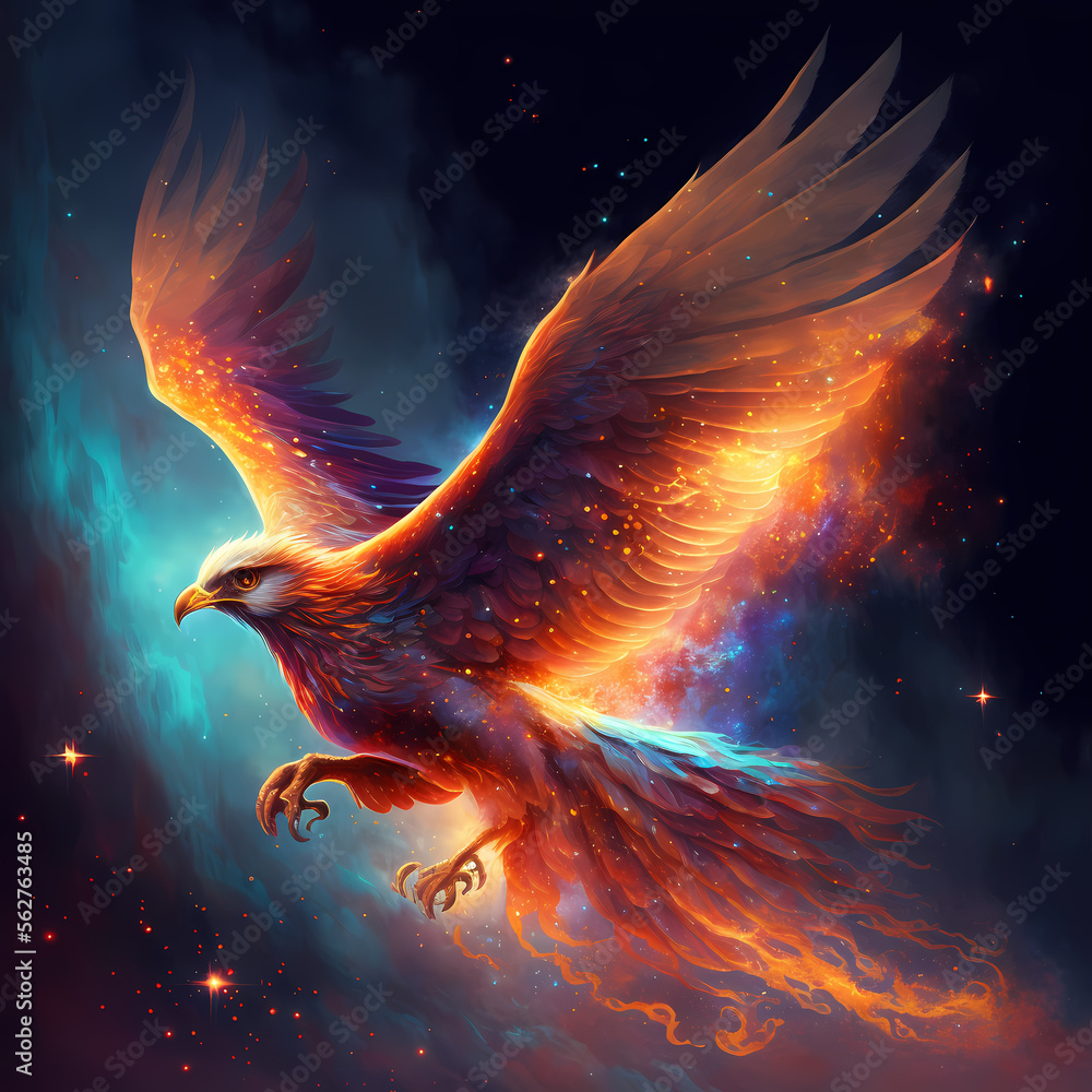 Phoenix bird flying with flaming wings in a fantasy world Stock ...