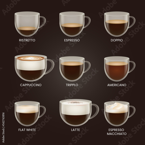 Delicious coffee set. Ristretto, espresso, doppio, cappuccino, tripplo, americano, flat white, latte, espresso macchiato. Drink vector illustration design photo