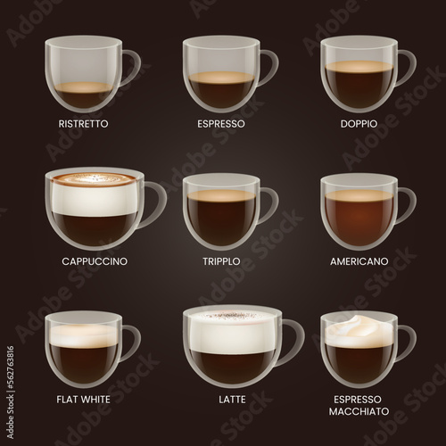 Delicious coffee set. Ristretto, espresso, doppio, cappuccino, tripplo, americano, flat white, latte, espresso macchiato. Drink vector illustration design