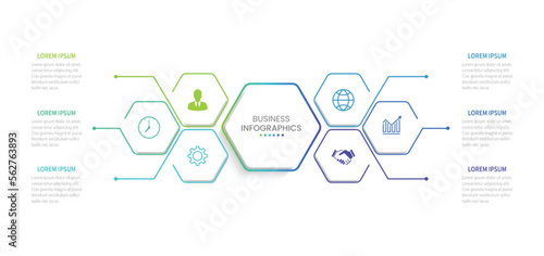 Business infographic design with 6 options. Vector thin line label with hexagons template.
