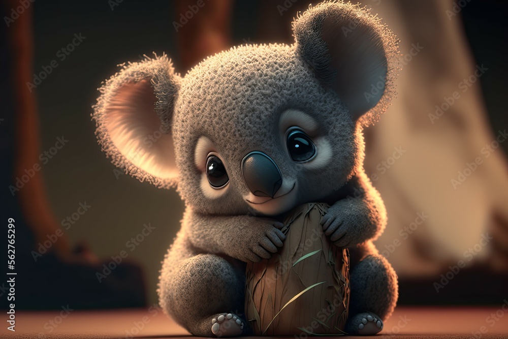 adorable baby koala looking cute and holding a stone, pixar style, ai