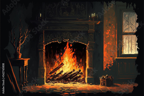 illustration of a fire in a fireplace. Generative AI