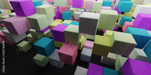 3D rendering background of multi-colored random shuffled cubes in space