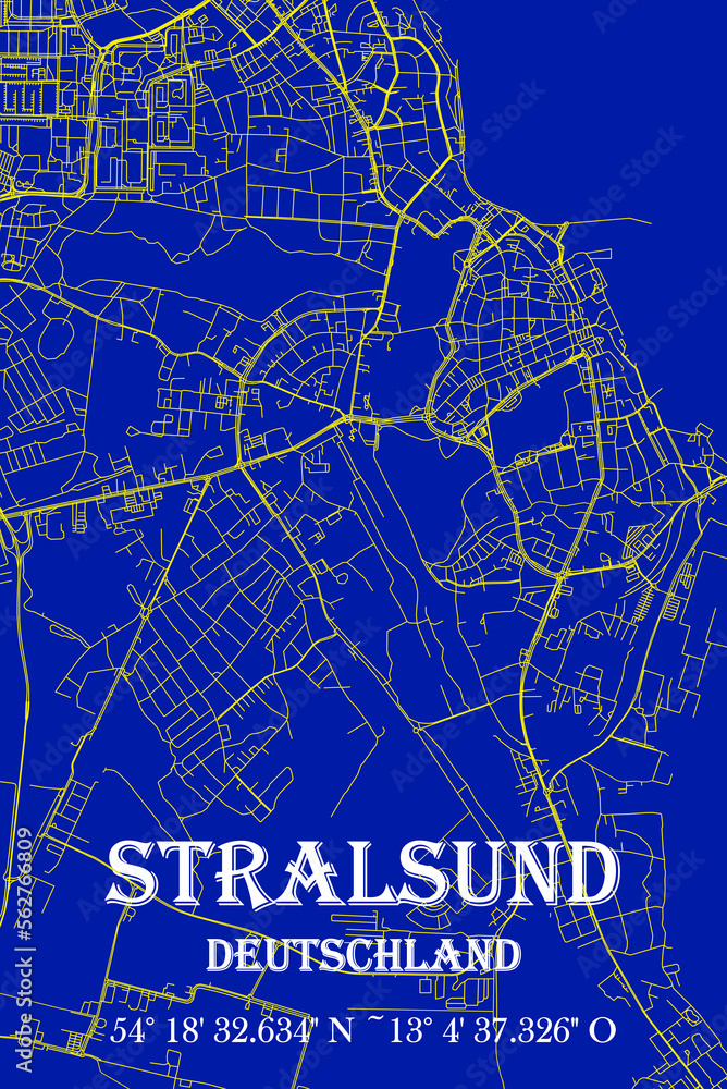 Nachtblaue moderne ästhetische Stralsund Stadtkarte 