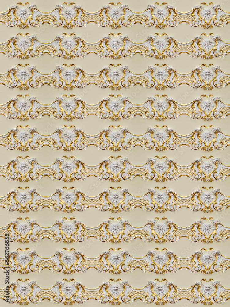 Golden decorative kaleidoscope mosaic baroque ornament pattern of original decoration from historical buildin
g in Bratislava. Geometric design for fabric, textile print,
wrapping paper, cover.