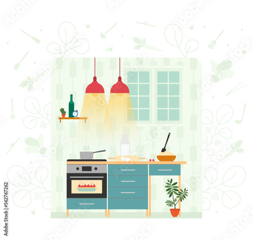Kitchen interior cartoon flat style vector illustration. Vintage home furniture retro color house decoration and cooking utensils clip art