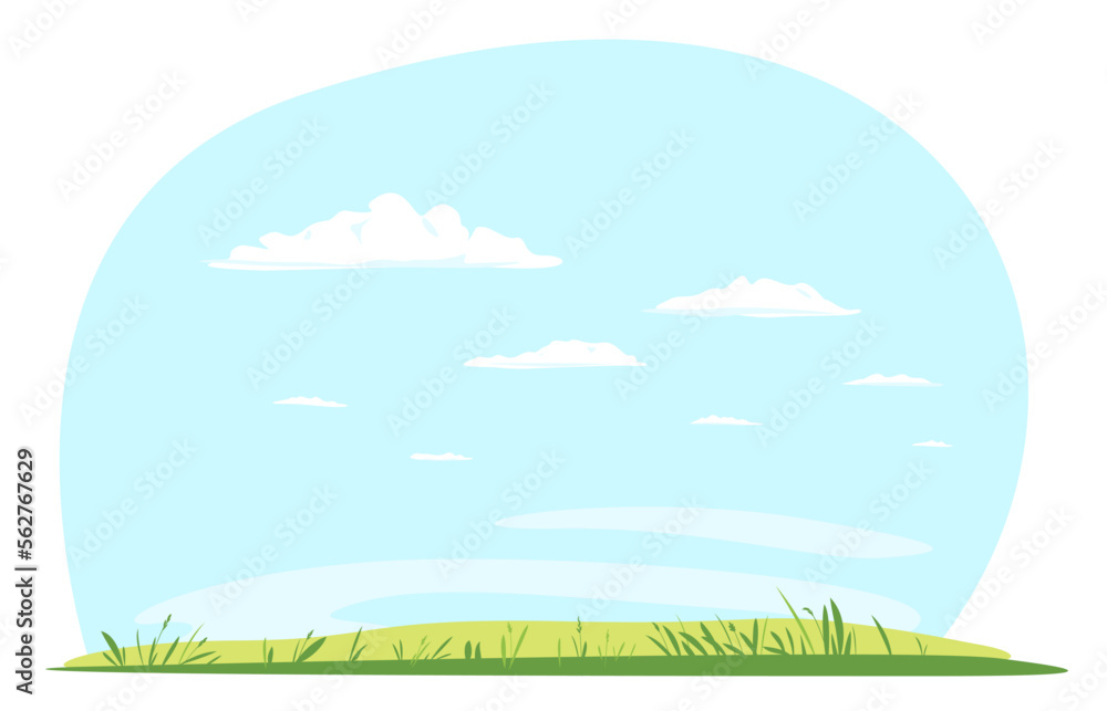Obraz premium Green lawn with grass against blue sky with white clouds, summer sunny glades with field grasses and blue sky, freedom landscape illustration, empty glade template