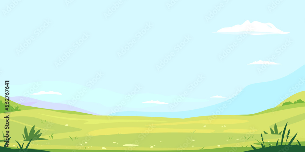 Green meadow with grass against blue sky with white clouds, summer sunny glades with field grasses and blue sky, freedom landscape illustration, empty glade template