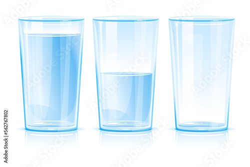 Set of three glasses isolated, one glass of clean blue fresh water isolated, glass half filled with water, empty glass, clean drinking water illustration, cool refreshing drink