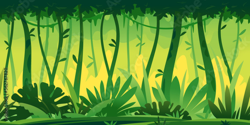 Wild jungle forest with trees, bushes and lianas, nature with green jungle foliage and lianas on tree crowns game background tillable horizontally, danger place with tropical plants