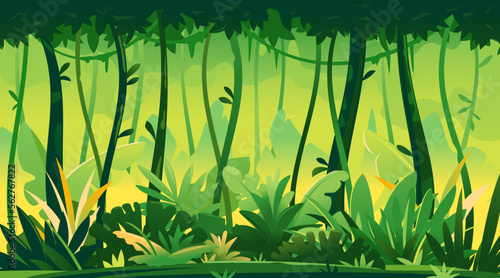 Wild jungle forest with trees, bushes and lianas, nature landscape with green jungle foliage and lianas on tree crowns, danger place with tropical plants