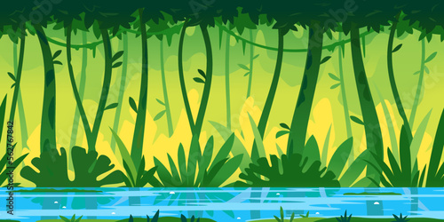 River flows through the jungle around different plants and trees with lianas game background tillable horizontally, wildlife of tropical forest flooded with water, illustration of equatorial jungle
